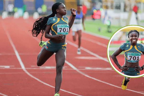 South African sprinter Hannah Hope Vermaak in a powerful drive phase during the 100m sprint at the African Junior Championships.
