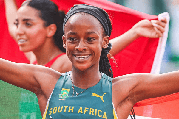 Tumi Ramokgopa, South African U20 hurdles champion, in action on the athletics track representing South Africa.