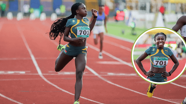 South African sprinter Hannah Hope Vermaak in a powerful drive phase during the 100m sprint at the African Junior Championships.