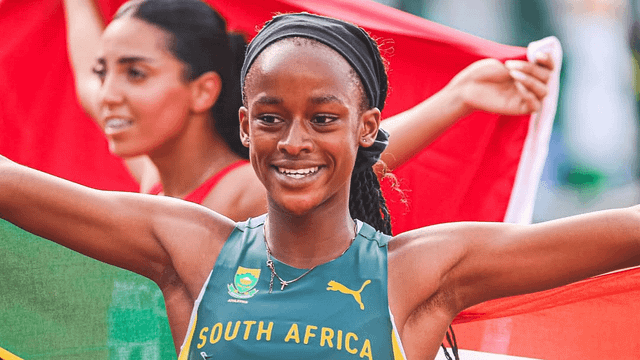 Tumi Ramokgopa, South African U20 hurdles champion, in action on the athletics track representing South Africa.
